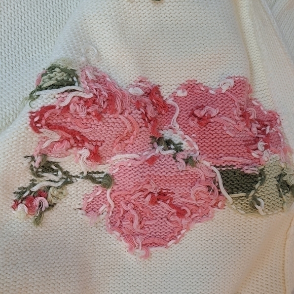 80s 90s RARE Floral Print Hand Knit Crewneck Cardigan Sweater Large  Cottagecore - Picture 11 of 16
